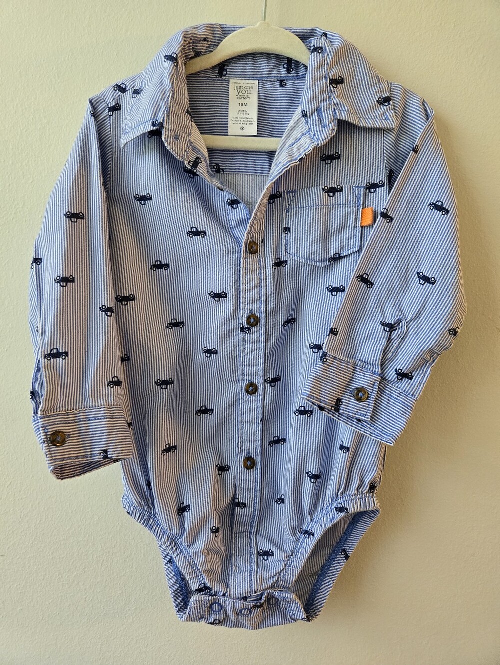 Just One You By Carter's - Blue Striped Button-Up Baby Bodysuit with Car Print